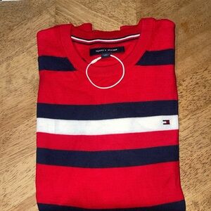 Tommy Hilfiger Men's Red and Navy Striped Crewneck Sweater